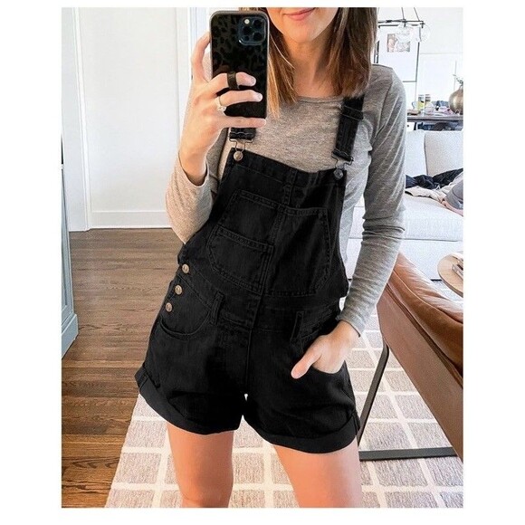 Women’s 90s Y2K Denim Overall Shorts XL Black Shortfall Romper Grunge Whimsygoth - Picture 14 of 16
